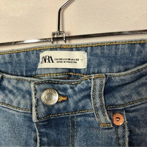 Zara Light Wash High Rise Straight Leg Raw Hem Jeans 10 - Picture 5 of 5